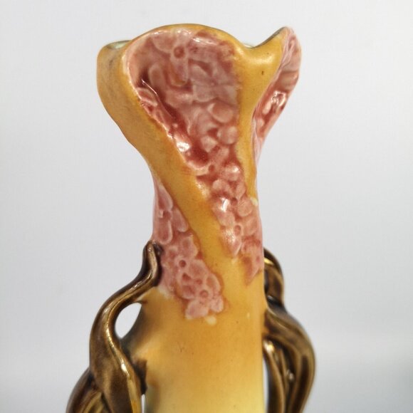 Vintage Miniature Amphora Bud Vase Yellow Pink Brown Floral Teal Inside Boho - Picture 8 of 15